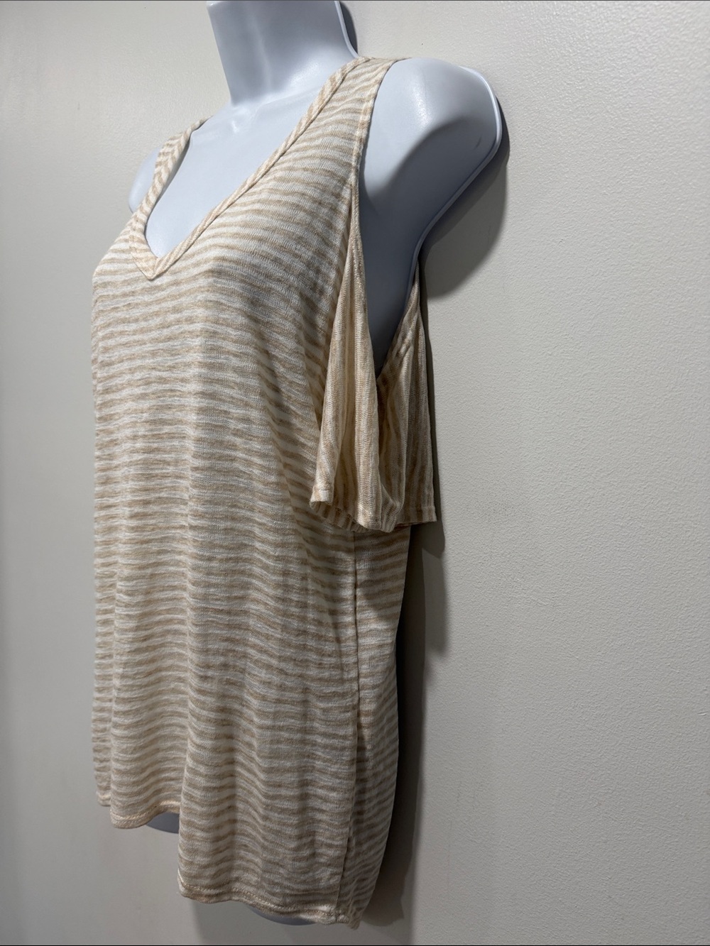 Beige Striped Cold-Shoulder V-Neck Top - Picture 2 of 4